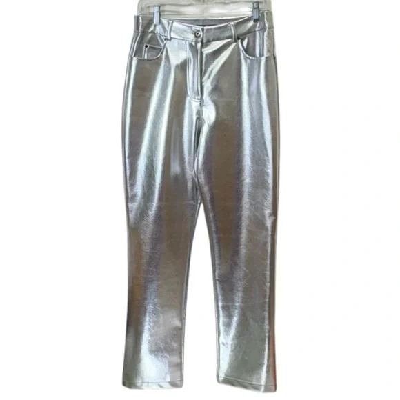 7 For All Mankind Silver Metallic Coated Straight Leg Pants Size Medium NWT - Picture 1 of 13